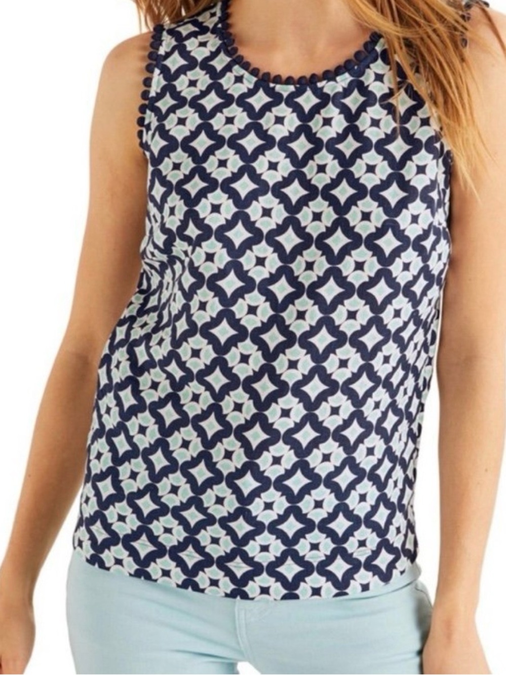 Boden Romaine Sleeveless Linen Top Navy Geometric Pom Pom Trim Size 2